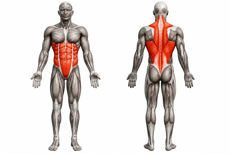Músculos que trabaja front lever, marcados en rojo