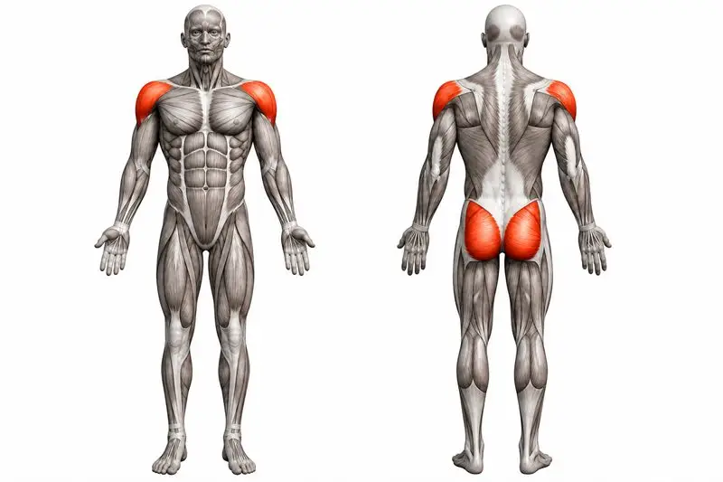 Músculos que trabaja clean con kettlebell, marcados en rojo