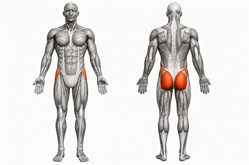 Músculos que trabaja abducción de cadera de pie con banda, marcados en rojo