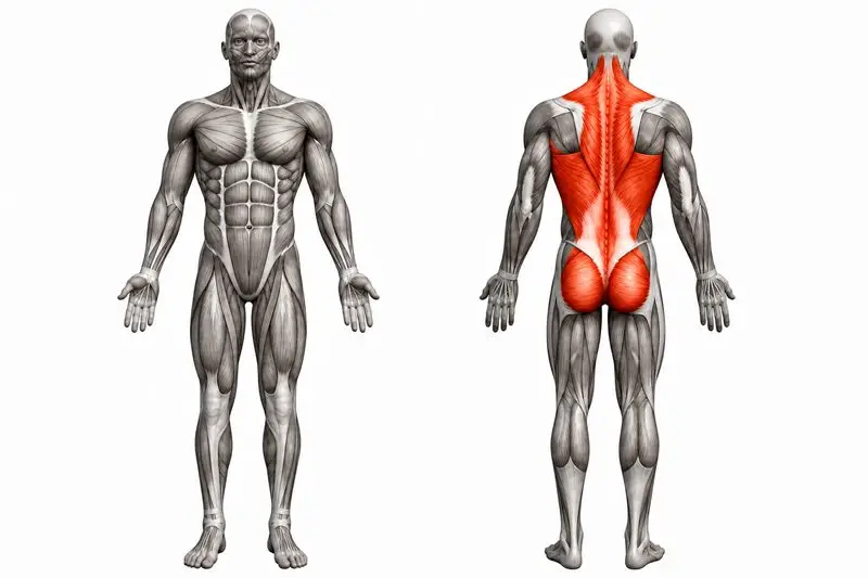 Músculos que trabaja extensión lumbar en banco 45 grados, marcados en rojo