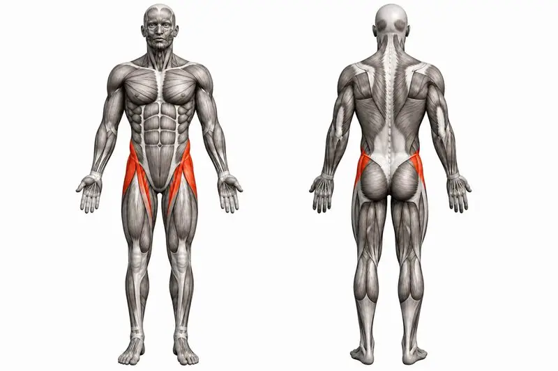 Músculos que trabaja estiramiento de flexor de cadera, marcados en rojo