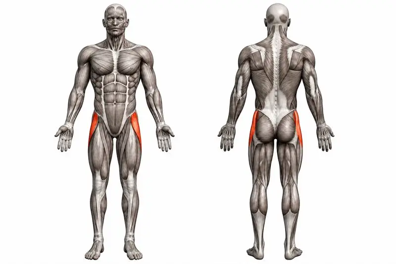 Músculos que trabaja foam roller banda iliotibial, marcados en rojo